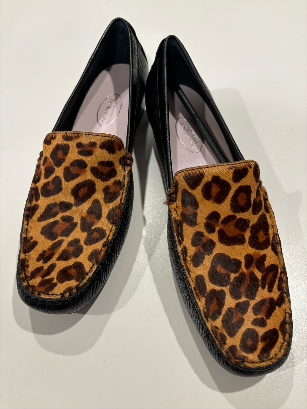 Talbots Black Leather Pony Hair Animal Print Slip On Loafers Womens 8B Baddie